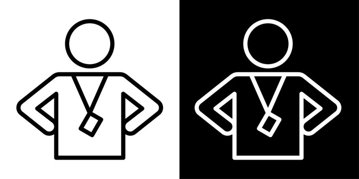Personal trainer icon in outline style showing fitness coach with dumbbell representing gym training, workout guidance, bodybuilding and fitness coaching.