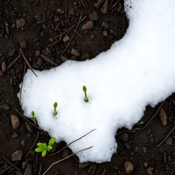 During the initial days of warmth fresh shoots emerge from the soil beside patches of unmelted snow creating an intriguing juxtaposition in this copy space image