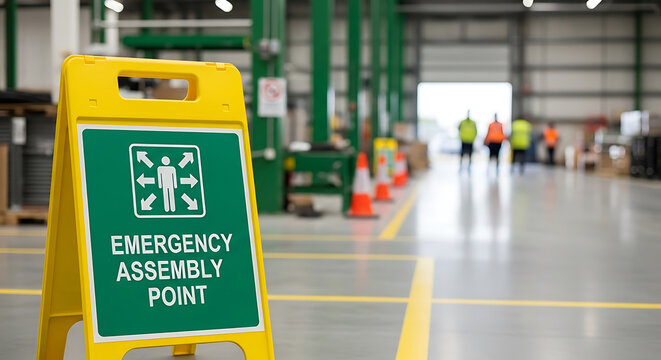 A green and yellow emergency assembly point sign in an industrial setting