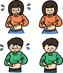 お腹に注射を刺す女の子と男の子のイラストセット　不安顔差分