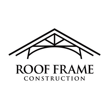 Modern roof frame logo vector featuring a clean structural roof outline with geometric framing elements, representing construction, roofing, architecture, and real estate services, isolated on white b
