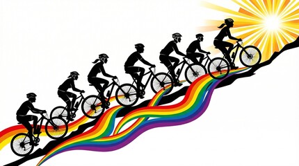 Obraz premium Bicyclists cycling uphill on rainbow road, with the sun shining behind them