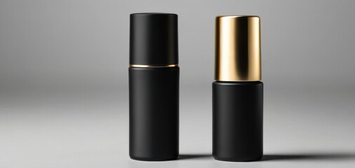 Obraz premium two black cosmetic bottles on grey background with copyspace, concept of beauty, skincare, luxury