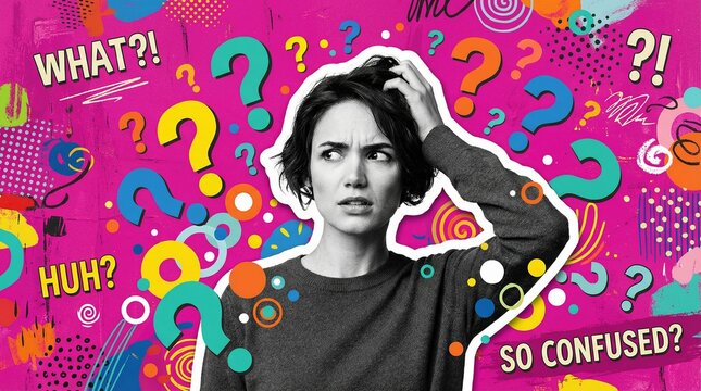 A confused woman surrounded by question marks, conveying uncertainty and bewilderment. Her facial expression and hand gesture suggest deep thought and puzzlement.