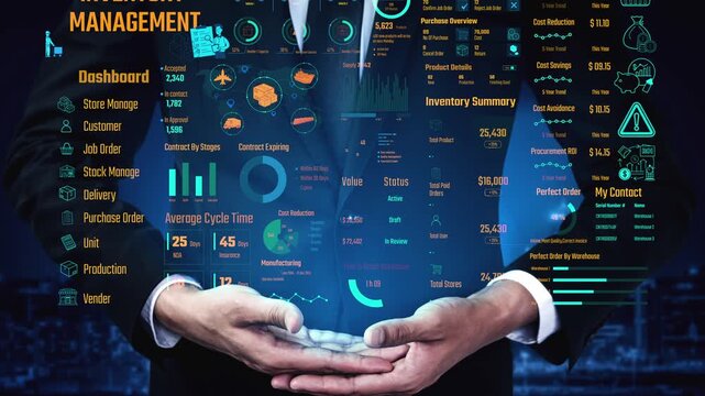 Inventory management dashboard showing supply chain performance, stock levels, order cycle times, cost reduction, and procurement ROI. Inventory tracking, and streamline warehouse efficiency. Thunk