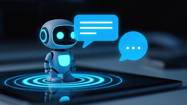 A small, friendly robot with glowing blue eyes stands on a digital interface, communicating with speech bubbles.