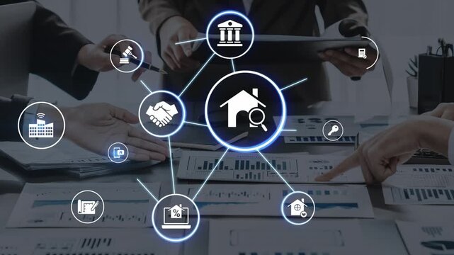 Online property search icons showing real estate rent, sale, housing, location, property management, key, contract, mortgage, home loan, and housing market. Funnel