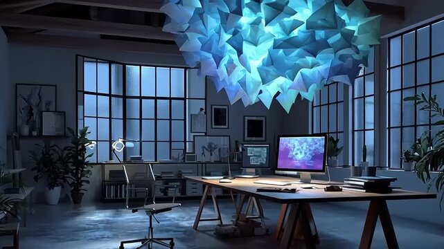AI visuals forming above a modern creative workspace with a computer and desk