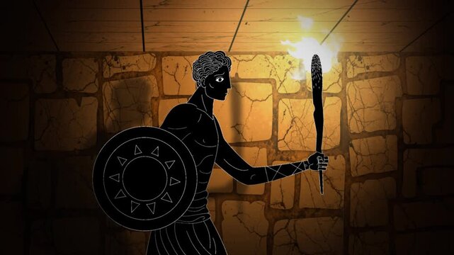 theseus walking through the labyrinth corridor with a torch