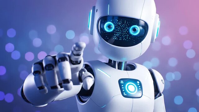 A friendly robot points its finger forward with glowing blue eyes and a digital interface.