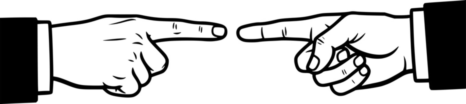 Two hands pointing fingers at each other. Vector hand drawn illustration