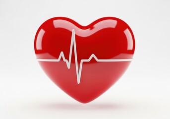 Glossy red anatomical heart shape features a superimposed white line representing electrical cardiac activity