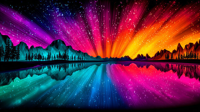 Vibrant Aurora Over Mountain Lake with Colorful Light Rays and Stars