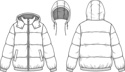 White puffer jacket technical sketch vector, hooded winter coat fashion flat template, front and back view isolated on white background. © VactorZone