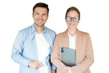 Smiling professional man and woman stand together on a bright white background, ready for a productive business day