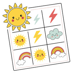 Fototapeta premium Adorable weather themed tic tac toe game featuring cute smiling suns playful rainbows stormy clouds and lightning bolts for children's educational fun