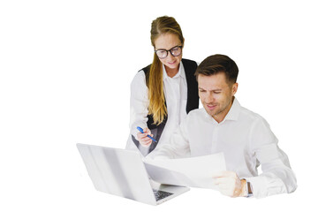 Business colleagues reviewing documents and discussing information on a laptop 