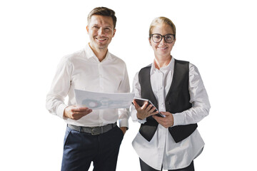 Smiling business people professionals holding paper document and digital tablet working together