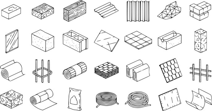 Collection of essential construction materials and building elements representing various stages of architectural development and structural engineering 