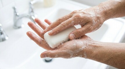 Person washing hands with a white bar of soap in a bathroom sink