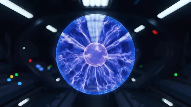 Electric Orb of Energy: A close-up shot of a mesmerizing electric orb, radiating with vibrant blue energy, showcasing the captivating power of technology and scientific discovery.