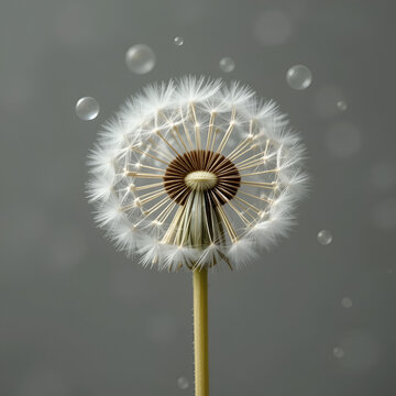 The macro photo of a deflowered flower of a dandelion  head with big soap bubbleon whait backgroung in studio
