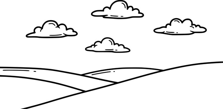 Hand drawn outline clouds floating across a simple sky above a rolling landscape