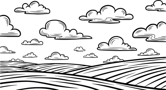 Hand drawn outline clouds floating across a simple sky above a rolling landscape