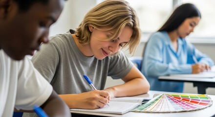 Obraz premium Diverse group of young adults diligently taking notes during a classroom session