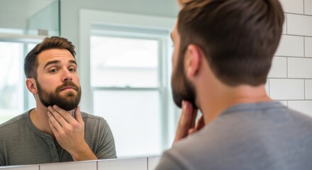 Fototapeta premium Bearded man examines his facial hair while looking into a bathroom mirror