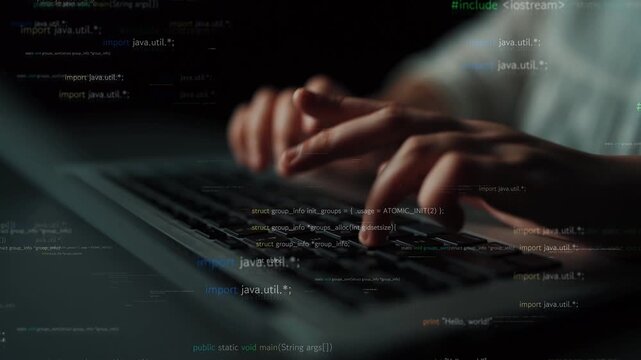 A focused shot of hands typing on a laptop keyboard. The image features floating snippets of code, capturing the essence of programming and the digital workspace. Xenic