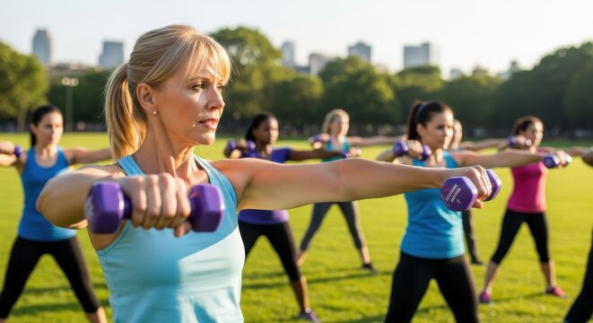 Group of women participate in an outdoor strength training session using small weights on a sunny day