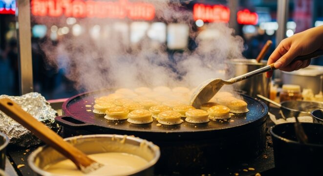 Mini Thai coconut pancakes cooking on a hot griddle. Steam rises as a hand flips the pancakes. Ingredients and utensils are visible in the background.