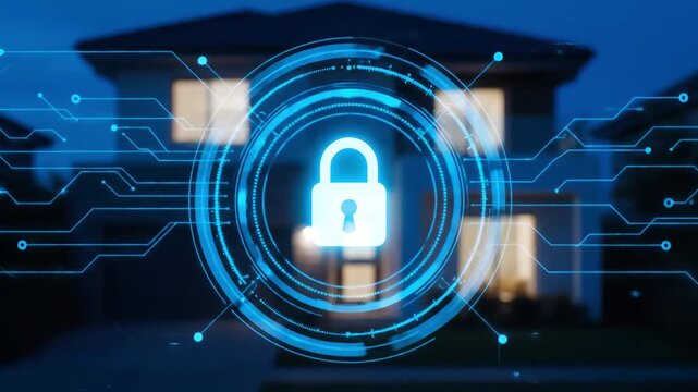 A glowing digital padlock icon superimposed over a blurred suburban house at dusk signals home security.