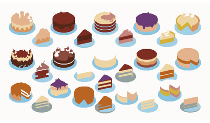 Modern isometric cake dessert flat icon bundle colorful bakery sweets vector collection isolated on white
