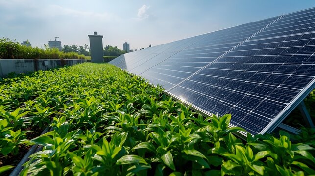Rooftop Solar Panels Above Green Plants on Urban Eco Building for Sustainable Renewable Energy