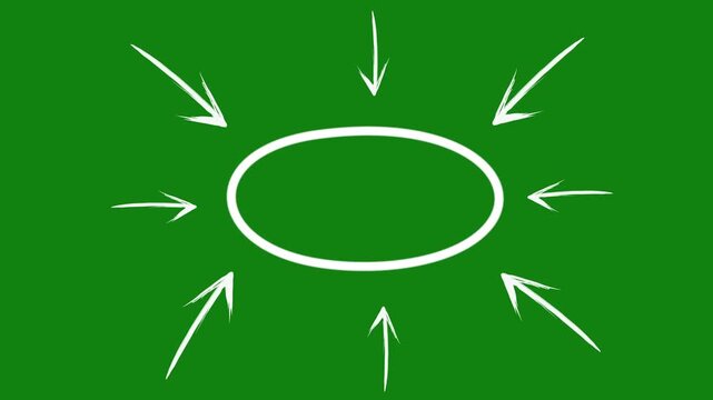 White hand drawn oval surrounded by directional arrows with subtle wiggle motion on green screen background. Ideal chroma key overlay element for video editing and motion graphics.