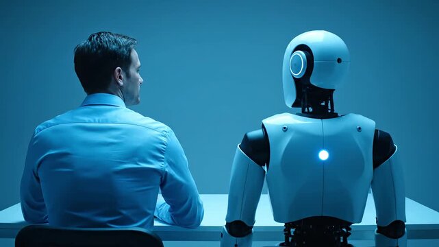 A man and a robot sit across from each other at a table in a sterile environment.