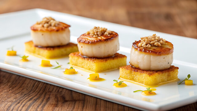 A delicious plate of seared scallops on top of polenta with garnishes and sauce on a white plate on a wooden table