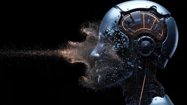 A robotic head disintegrates into particles against a black background.