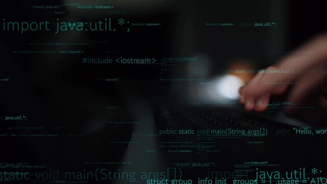 A close-up of hands typing on a laptop keyboard with glowing code streams in a dark space. This image captures the essence of programming and digital innovation. Xenic