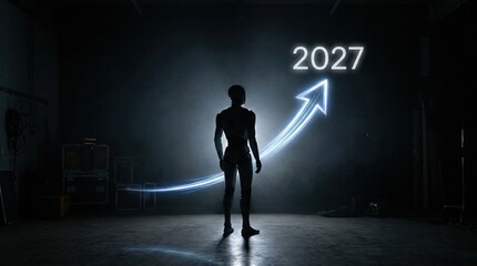 Fototapeta premium Backlit robot silhouette with glowing 2027 panel and upward arrow path. 2027 progress concept.