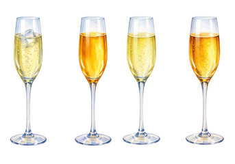 A charming watercolor collection of champagne glasses with sparkling wine and golden bubbles for New Year and festive celebration design. © liana