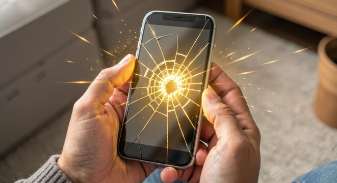 Hands Holding Broken Smartphone with Hopeful Gold Light from Cracks
