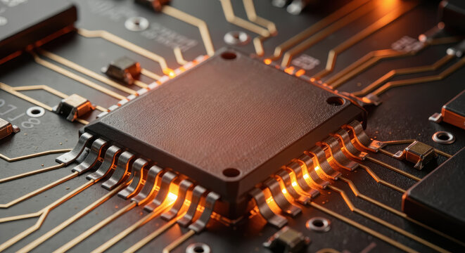 Extreme Macro of Computer Microchip Glowing with Orange Digital Light