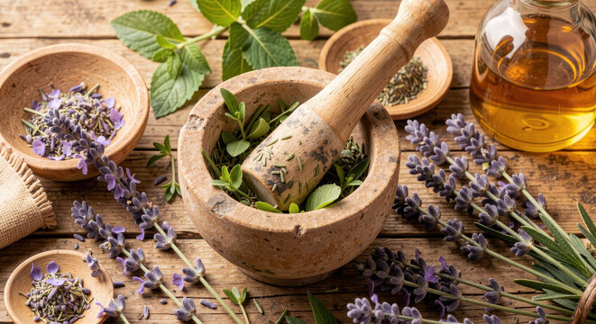 Rustic Flat Lay of Mortar and Pestle Grinding Fresh Herbs for Natural Medicine