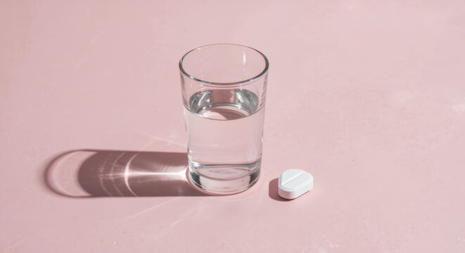 Minimalist Medical Concept with Water Glass and Single Pill on Pink