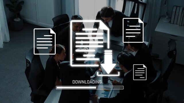 Professionals collaborate in a modern office setting during a document downloading process, showcasing teamwork and digital workflow in business operations. Raster
