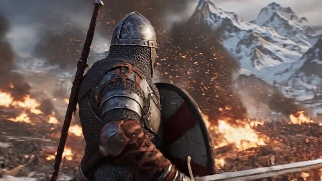 Medieval warrior in armor holding shield and sword standing amidst burning battlefield with snowcapped mountains in the background scenery.
