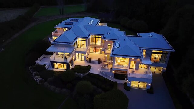 Aerial Night View of Grand Luxury Estate &ndash; Gabled Roofs, Multiple Wings and Illuminated Interiors in Manicured Landscape
